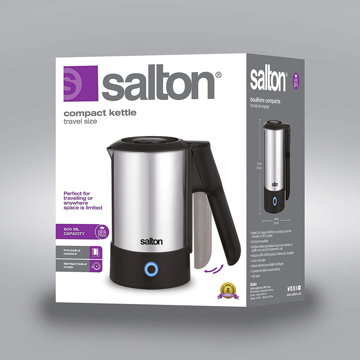 Salton travel Kettle: 0.6L, 1000W, stainless steel | JK-2035