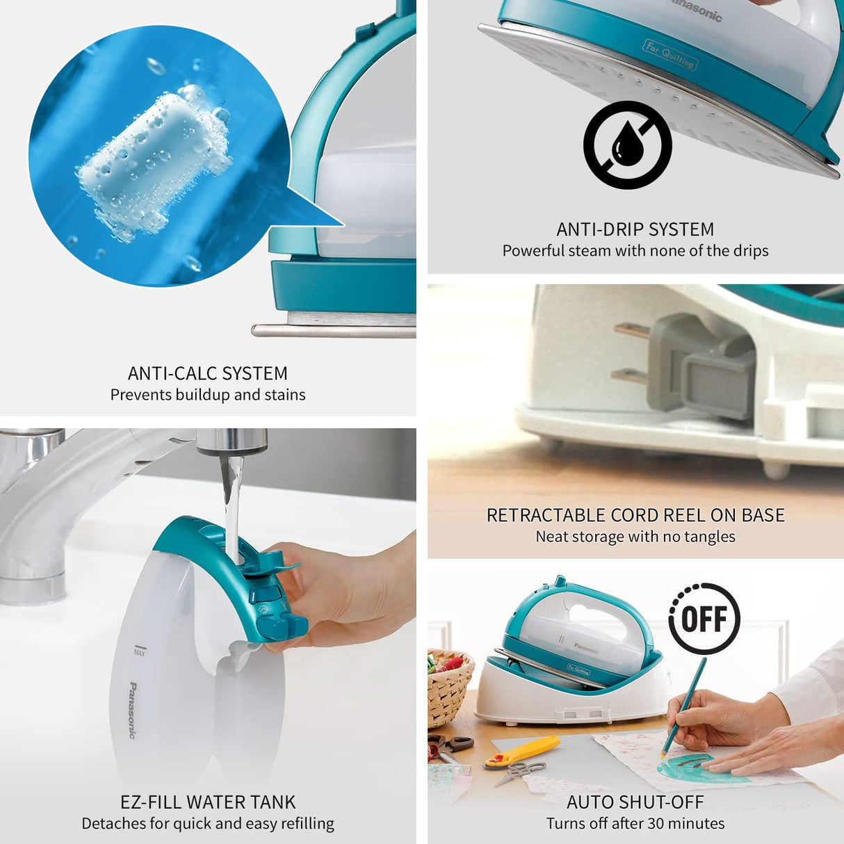 Panasonic Cordless Iron: 360-Quick, cordless, nickel-coated stainless steel soleplate, with vertical steam, 1500W, blue &amp; white | NI-QL1000