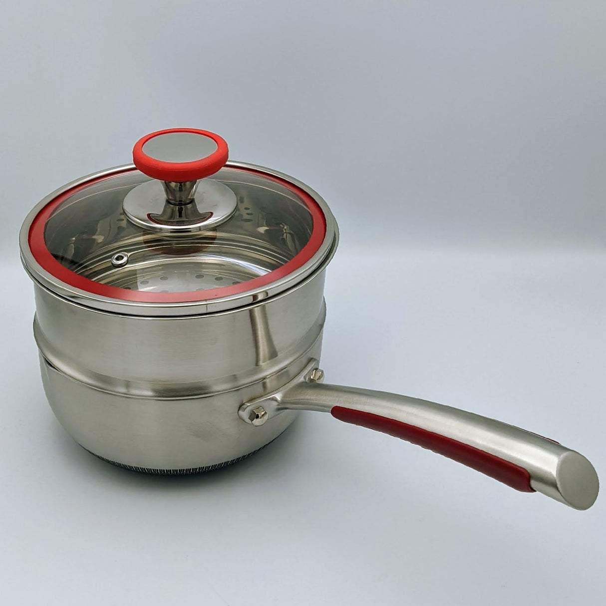 SUS Hybrid Sauce Pan: 18cm with s/s Steamer and glass lid | BC-HW18SPG+S