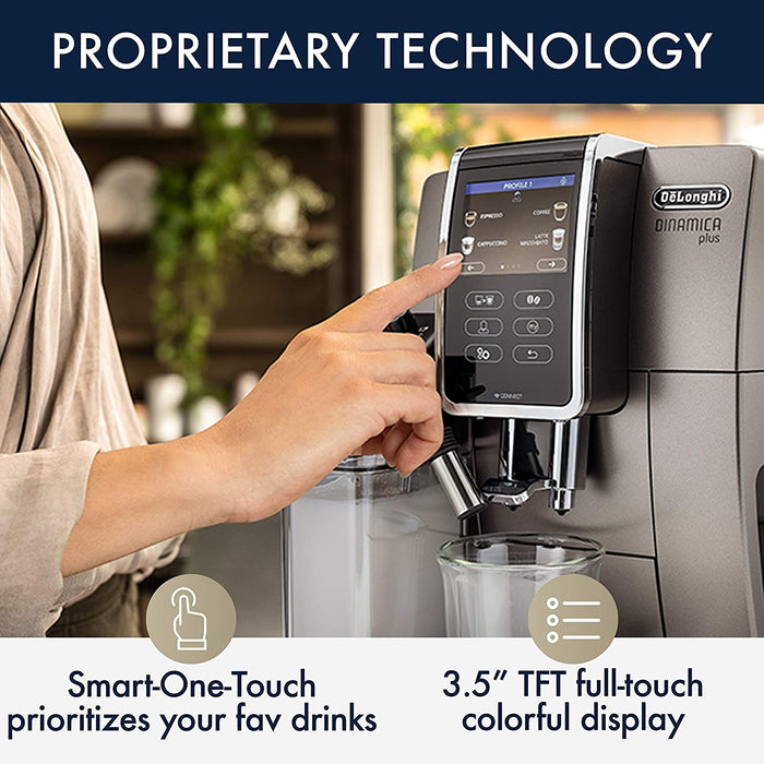 DeLonghi Dinamica Plus Fully Automatic Espresso Maker: colour touch display, CoffeeLink connectivity app, automatic milk frother, titanium | ECAM37095TI
